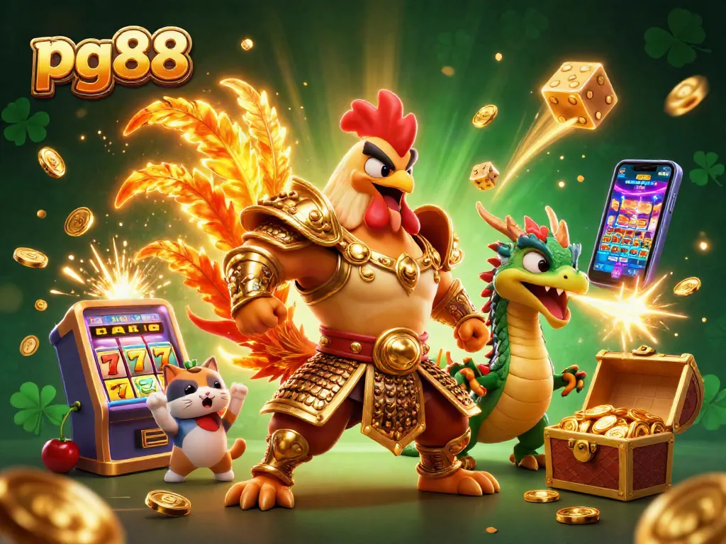 Experience exhilarating wins at pg88 with a dynamic 3D casino illustration featuring vibrant game elements.